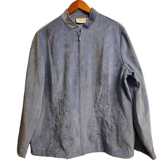 Alfred Dunner Women's Blue Embroidered Rhinestone Pockets Velour Jacket Size 16 - Picture 1 of 7